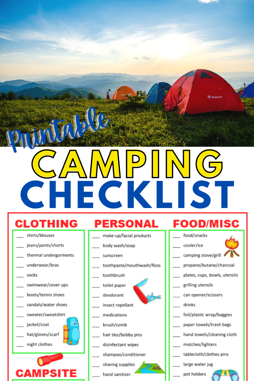 top image is tents on a campground, bottom image and text is a printable camping checklist