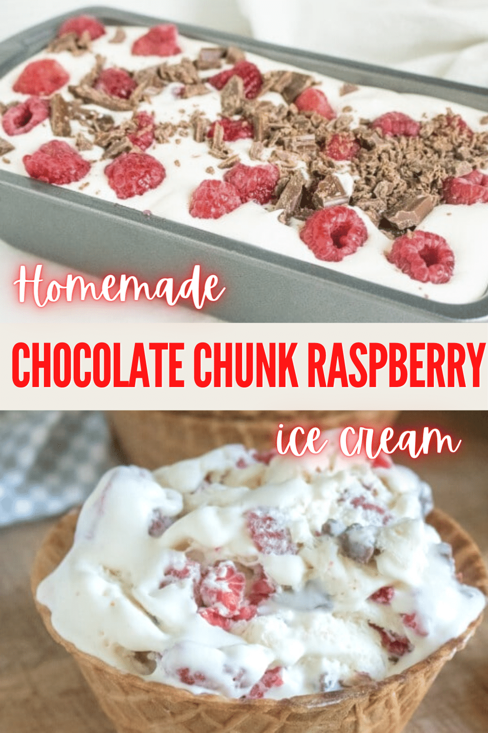 This easy homemade chocolate chunk raspberry ice cream recipe is so delicious. This is a great sweetened condensed ice cream recipe! #icecream #nochurn #chocolate via @wondermomwannab