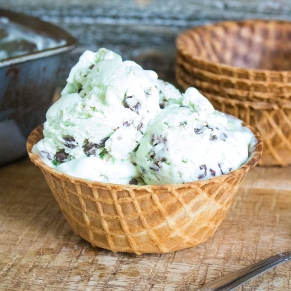 homemade mint chip ice cream in a waffle bowl