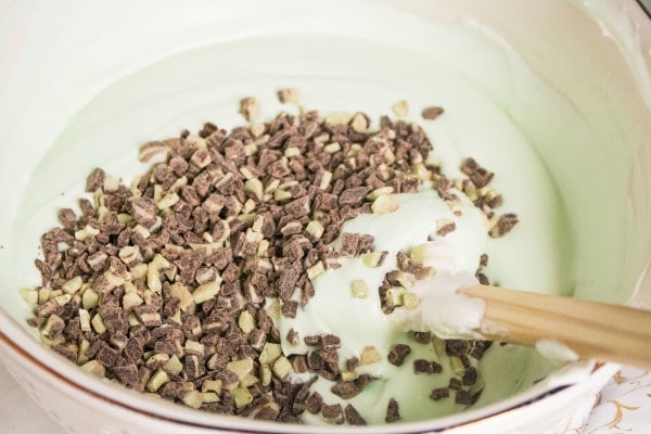 mint chip ice cream batter topped with mint chips in a bowl with a wooden spoon