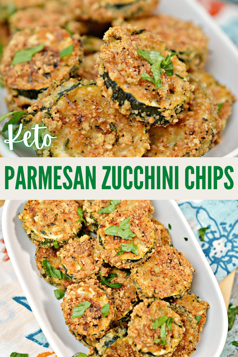 These Keto Parmesan Zucchini Chips are low carb and delicious. A great way to use up extra zucchini and works as an appetizer or side dish. #zucchini #keto #lowcarb via @wondermomwannab