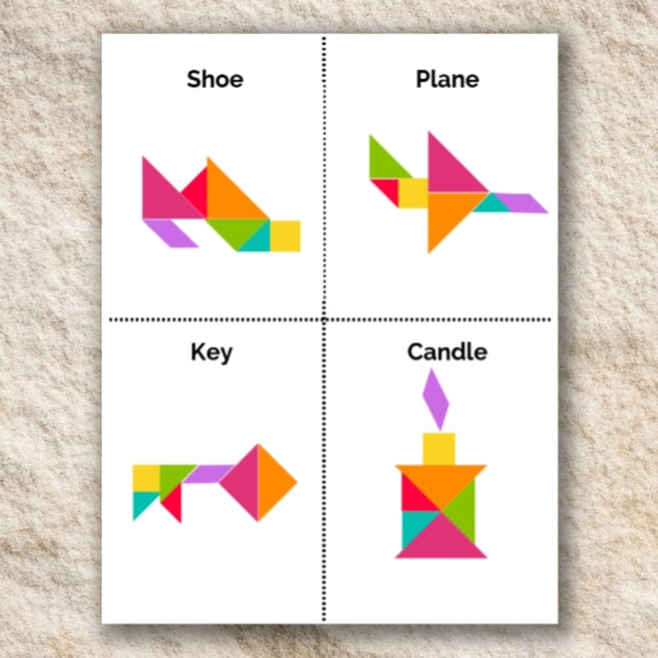 printable tangram puzzles of a shoe, plane, key and candle