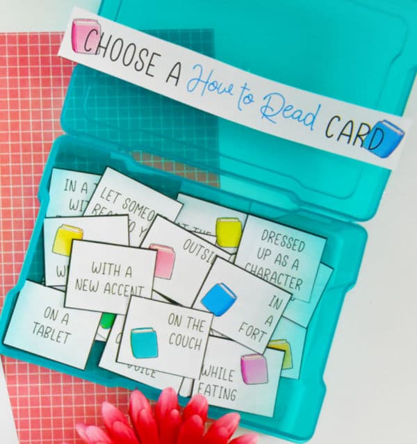 a plastic box filled with printable cards from the summer reading challenge