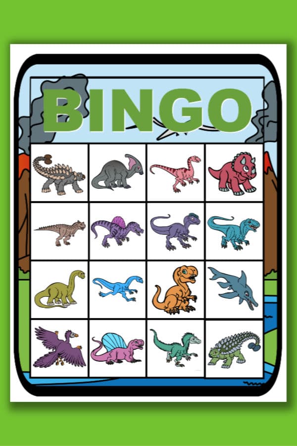 printable dinosaur bingo on a green background