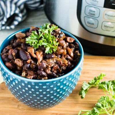 Instant Pot Pork and Beans in blue bowl