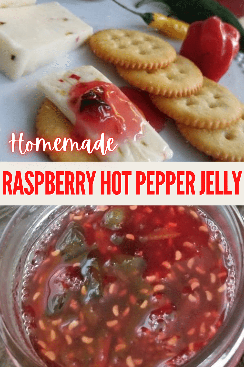 This raspberry hot pepper jelly recipe is so easy to make a great way to use up peppers from the garden. Jalapeno jelly can be used in so many ways. #jelly #peppers #jalapenos via @wondermomwannab