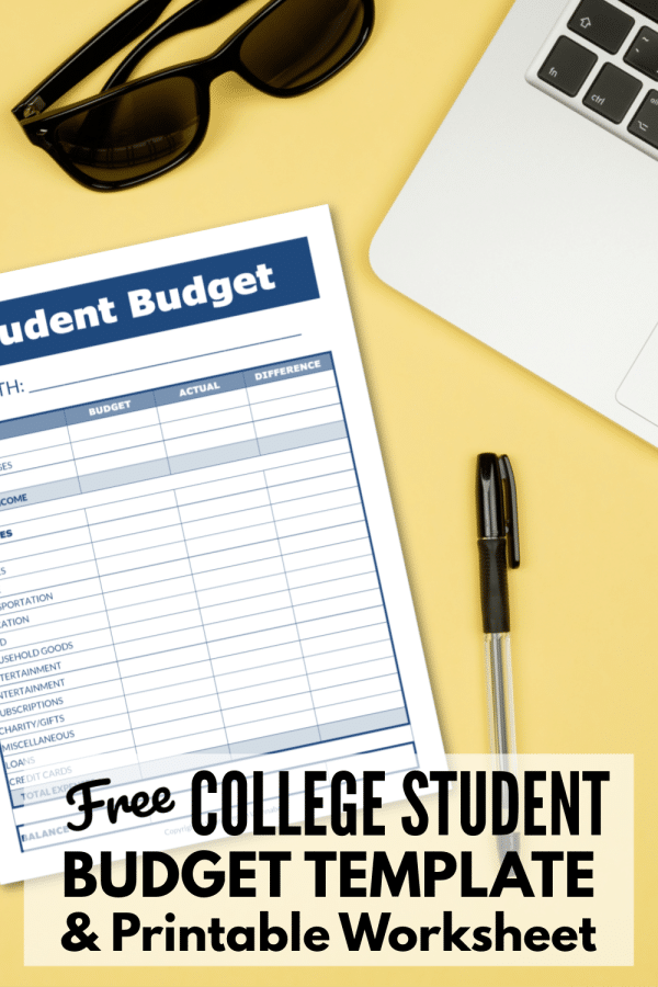 sunglasses, keyboard, pen and a printable student budget on a yellow background with title text reading Free College Student Budget Template & Printable Worksheet