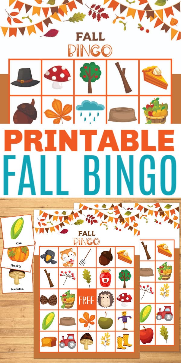 a collage of printable fall bingo with title text reading Printable Fall Bingo