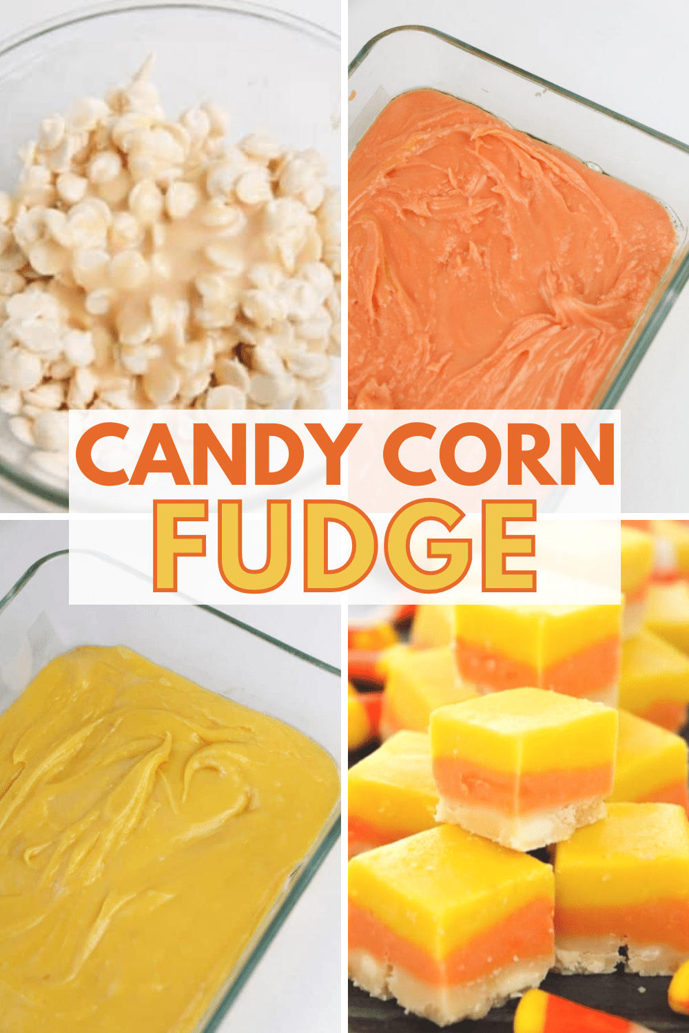This easy Halloween Fudge recipe only has four ingredients and looks like candy corn! Orange and yellow fudge for fall is beautiful on a platter! #fudge #halloween #candycorn via @wondermomwannab