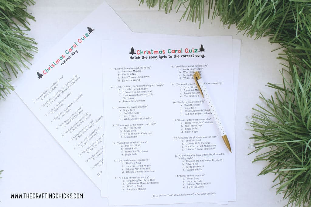 printable Christmas Carol Quizzes on a white background with tree leaves on it