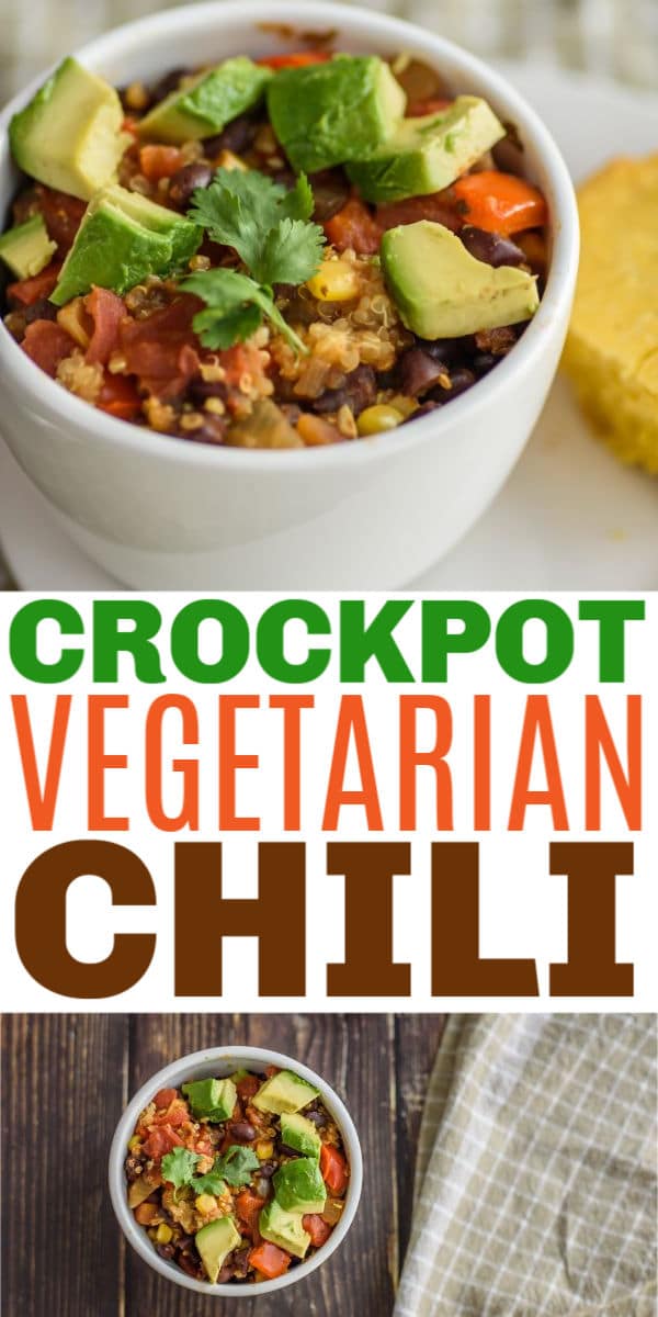 a collage of crockpot vegetarian chili with title text reading Crockpot Vegetarian Chili