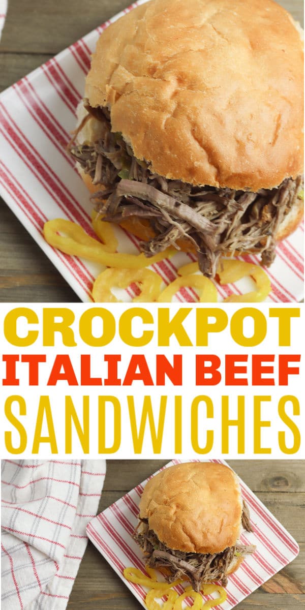 a collage of italian beef sandwiches with title text reading Crockpot Italian Beef Sandwiches