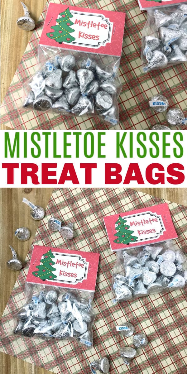 a collage of mistletoe kisses treat bags with title text reading Mistletoe Kisses Treat Bags