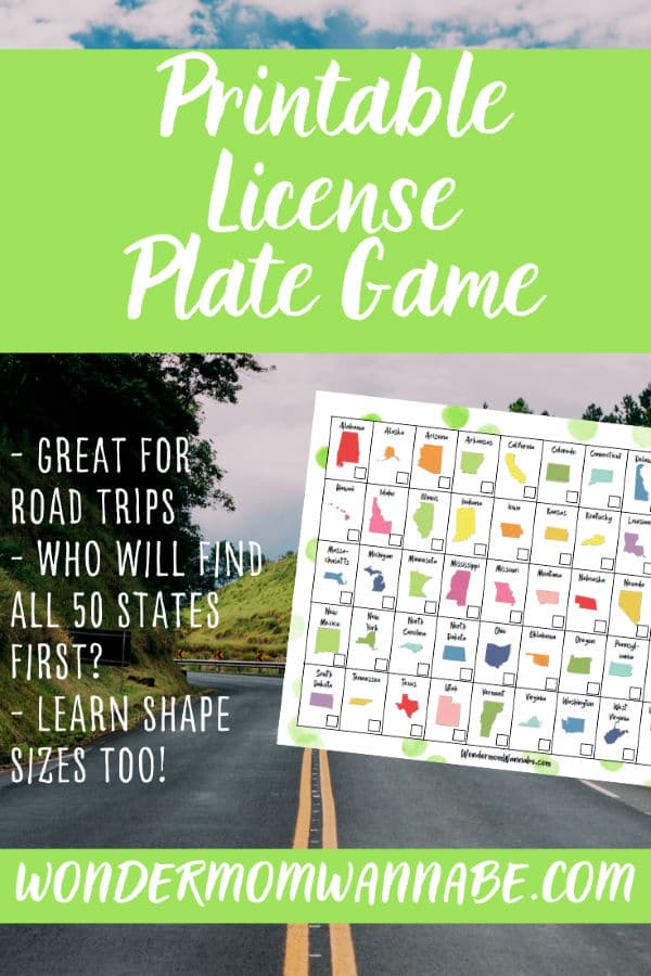 a road with a tree in the background and a printable overlayed on it with title text reading Printable License Plate Game 