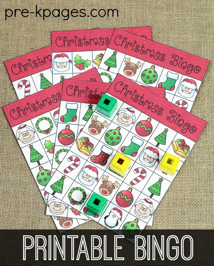 printable christmas bingo on a brown background with title text reading Printable Bingo