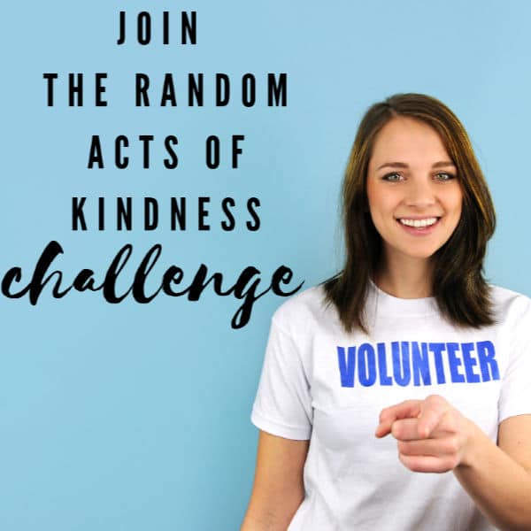 a woman in a white shirt that has the word volunteer on it with a blue background and title text reading join the random acts of kindness challenge