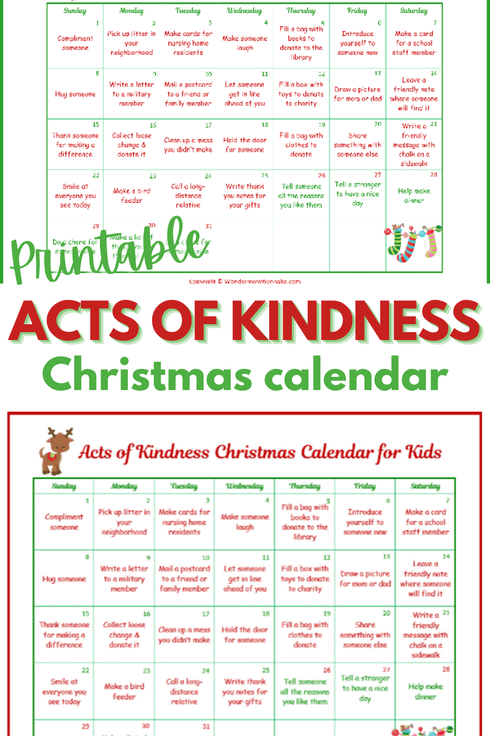 This random acts of kindness Christmas calendar is designed just for kids! What a great way to show kids that you're never too young to make a positive impact. #printables #RAKprintables #Christmasprintables #Kidsprintables #Randomactsofkindness via @wondermomwannab