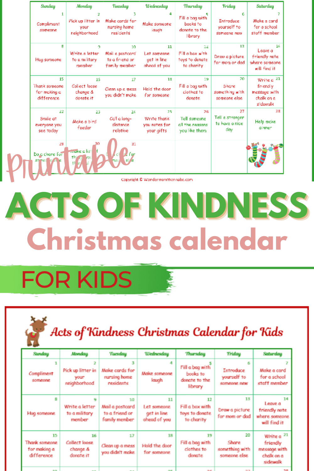 This random acts of kindness Christmas calendar is designed just for kids! What a great way to show kids that you're never too young to make a positive impact. #printables #RAKprintables #Christmasprintables #Kidsprintables #Randomactsofkindness via @wondermomwannab