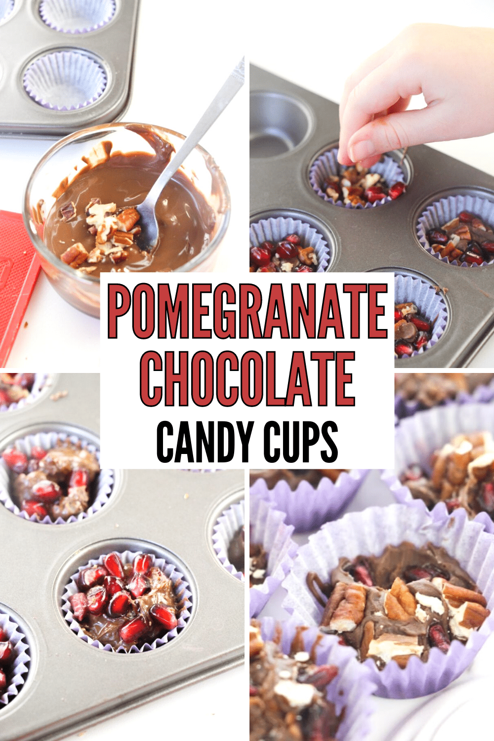 These Pomegranate Chocolate Candy Cups make beautiful appetizers and are simple to make. A dessert recipe that brings out the flavors of the pomegranates! #dessert #3ingredients #pomegranates via @wondermomwannab