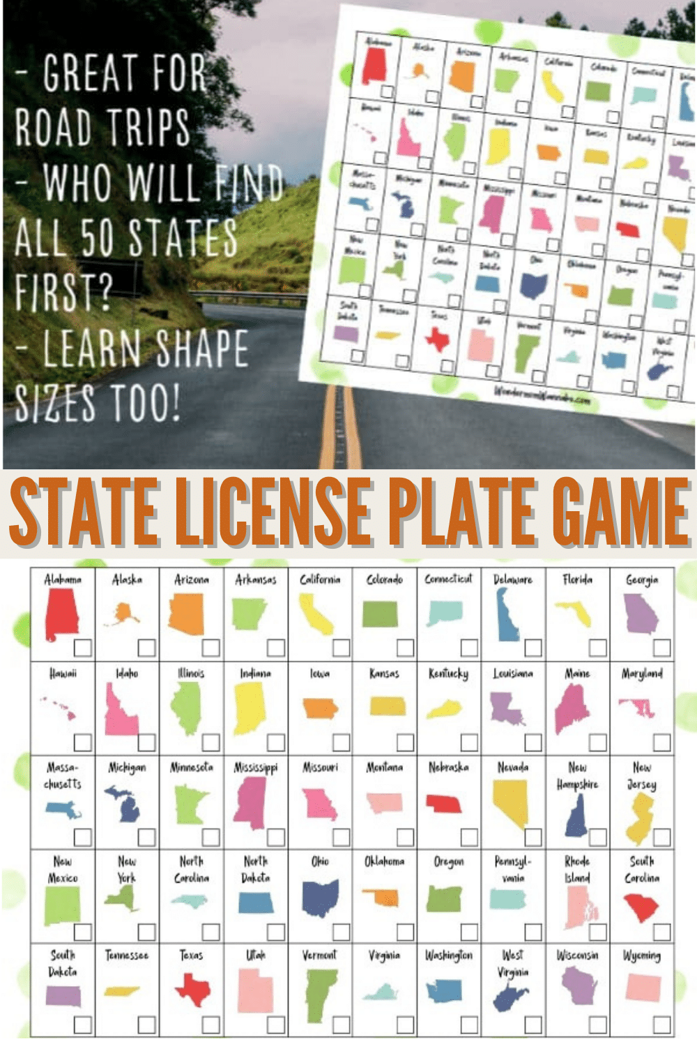 This printable state license plate game is the perfect way to keep kids occupied on long car rides. A fun educational travel game the whole family can play. #printables #travelgames #activitiesforkids via @wondermomwannab