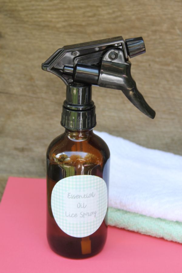spray bottle of homemade lice spray on a red paper next to green and white cloths on a brown table