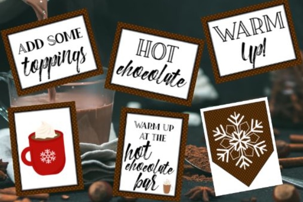 printable Hot Chocolate Bar Sign and Labels wit a glass mug of hot chocolate in the background