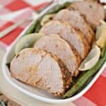 Sliced jerk pork tenderloin served on a white platter with green beans and onions, placed on a red and white striped tablecloth.