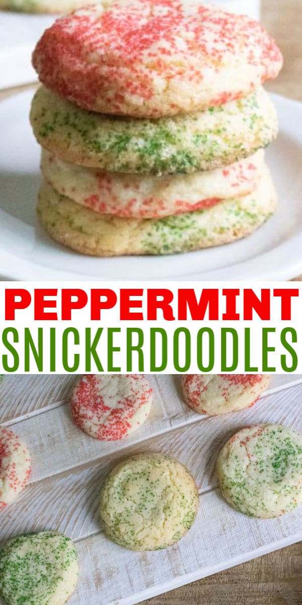a collage of cookies with title text reading Peppermint Snickerdoodles