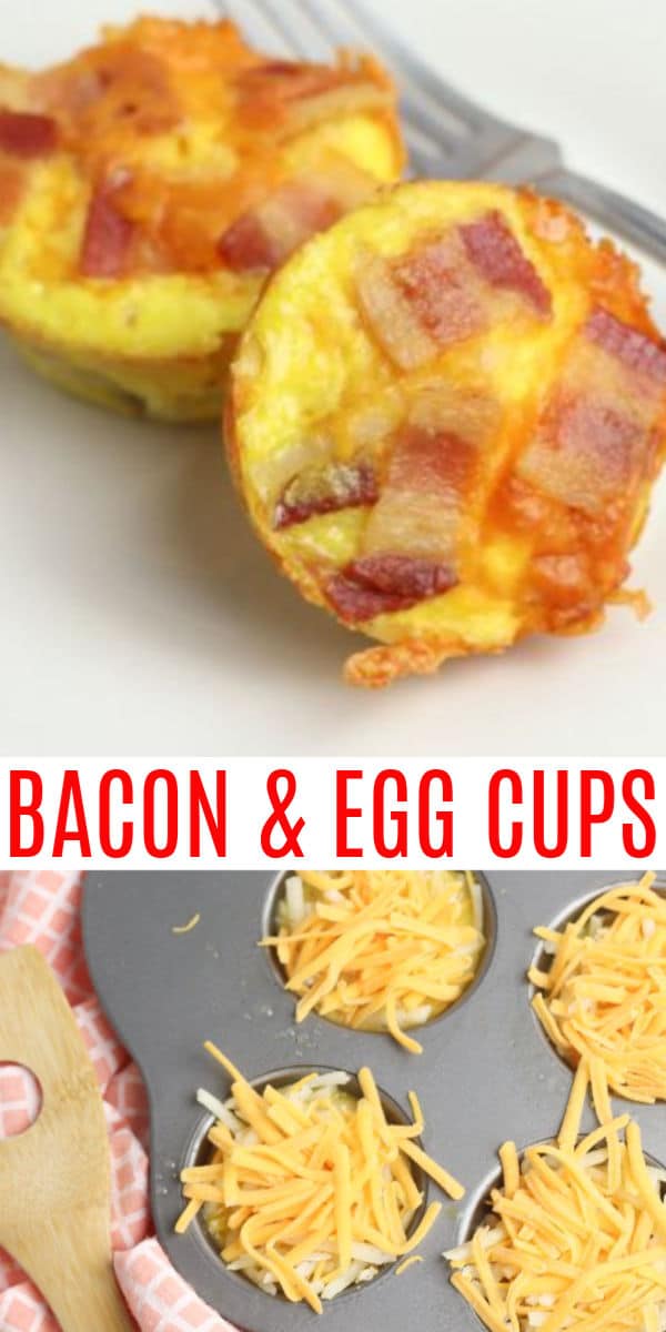 a collage of close up of bacon and egg cups on a white plate with a fork on the plate and bacon and egg cups unbaked in a muffin tin with title text reading Bacon & Egg Cups