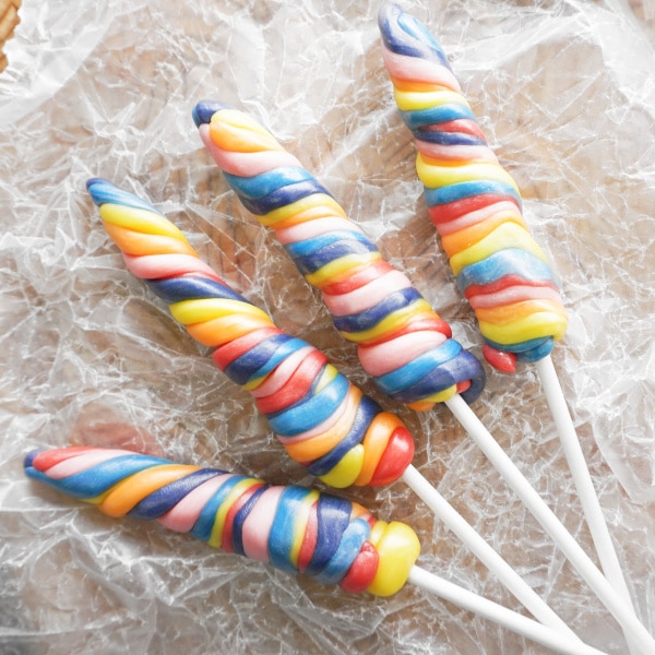 homemade candy unicorn horns on wax paper