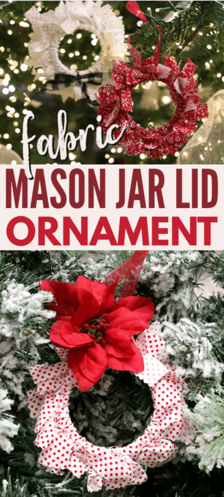 a collage of red and white fabric mason jar lid ornaments on a Christmas tree with title text reading Fabric Mason Jar Lid Ornament