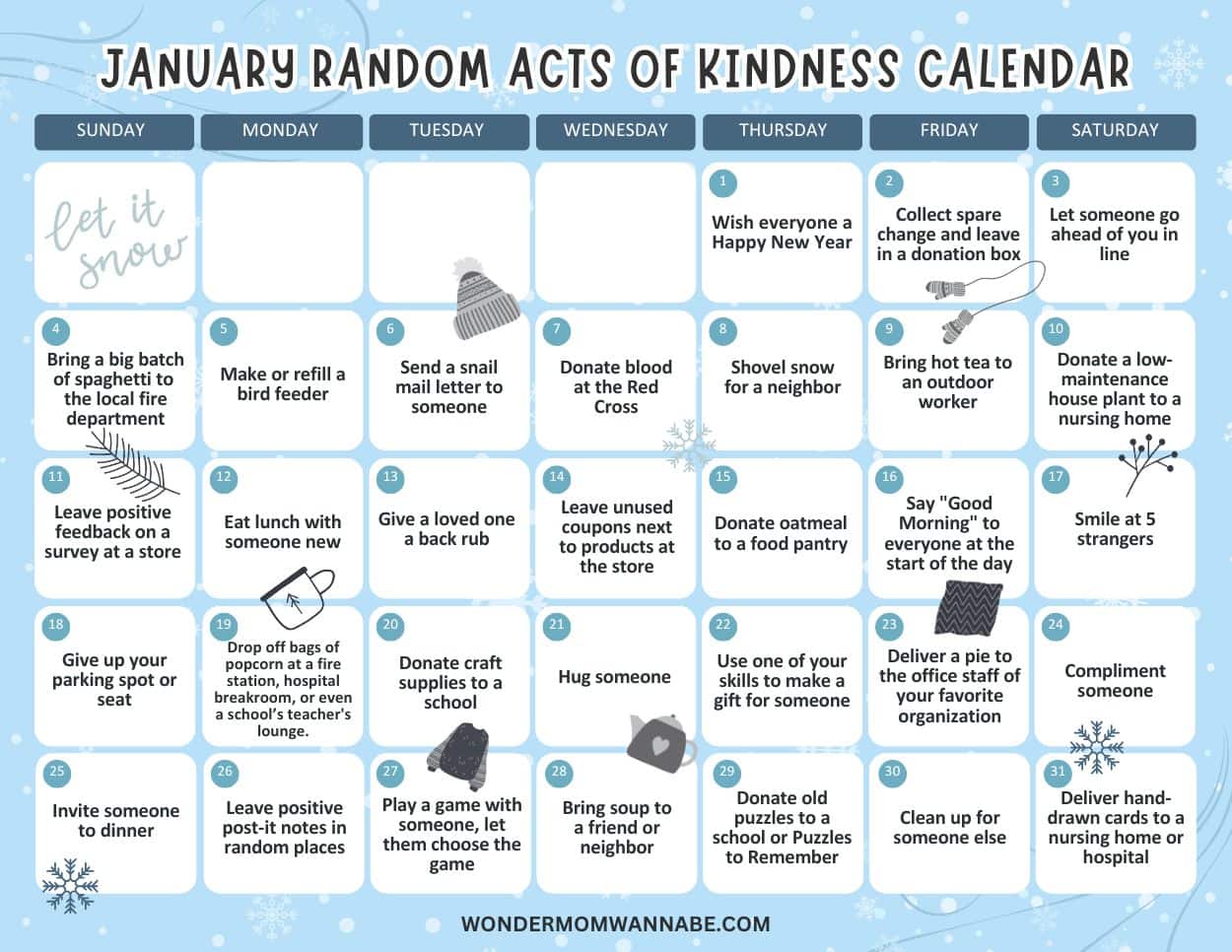 An acts of kindness calendar for January features a daily random act, such as donating, helping others, or sharing positive messages, with simple icons illustrating each suggestion.