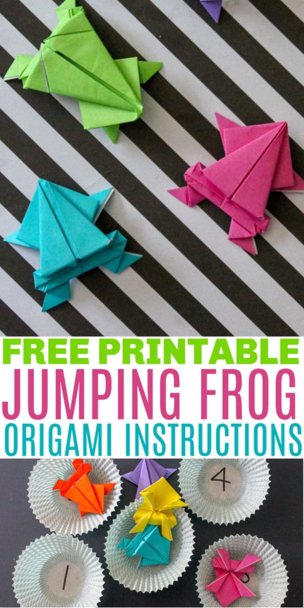 a collage of origami jumping frogs game in cupcake liners with numbers written in them and colored paper frogs, all on a black table with title text reading Free Printable Jumping Frog Origami Instructions