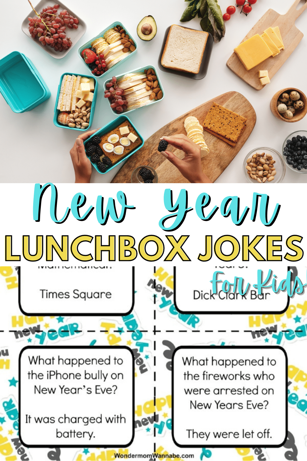 Your child will love getting printable New Year Lunch Box Jokes for Kids in their lunch pail every day at school. New Year themed jokes keep kids laughing. #printables #lunchboxnotes #newyears via @wondermomwannab