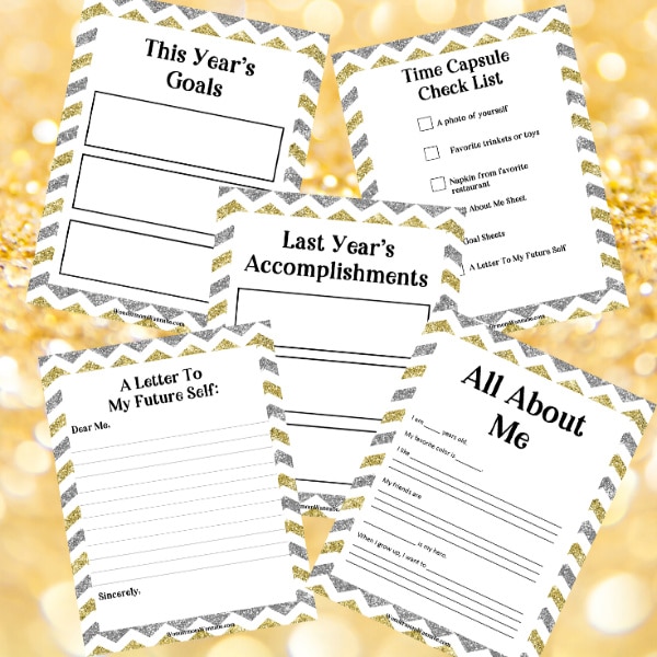 New Year Time Capsule Box printables on a gold background