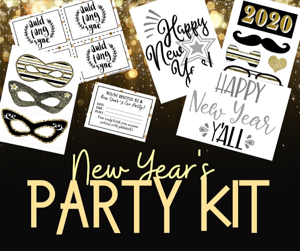 printables on a gold and black background with title text reading New Year's Party Kit