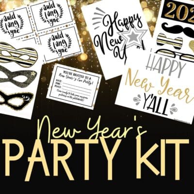 A festive new year's party kit featuring gold and black masks.