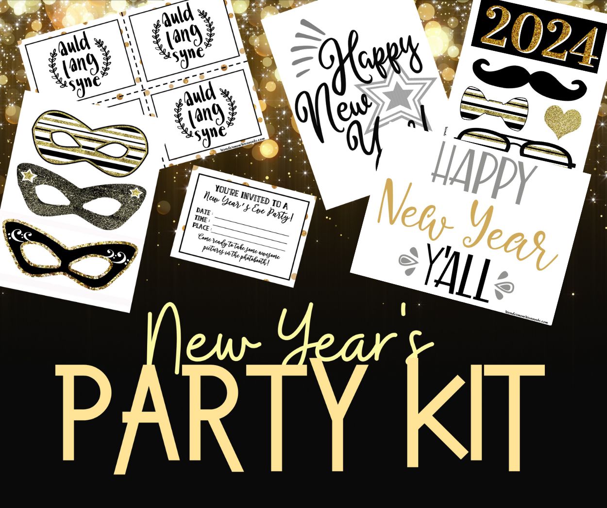 A festive new year's party kit featuring gold and black masks.