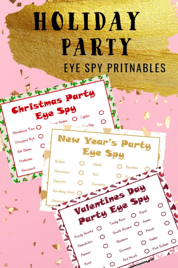 3 Printable I Spy Games for Winter Holidays, Christmas, New Year's, and Valentines Day on a pink background with title text reading Holiday Party Eye Spy Printables