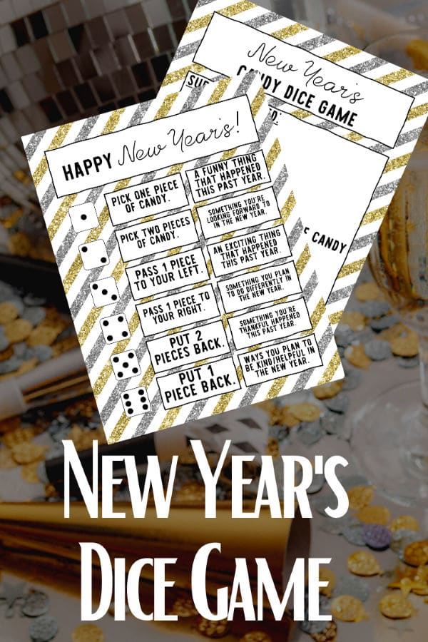 printable new year dice game for kids with party horns and confetti in the background with title text reading New Year's Dice Game