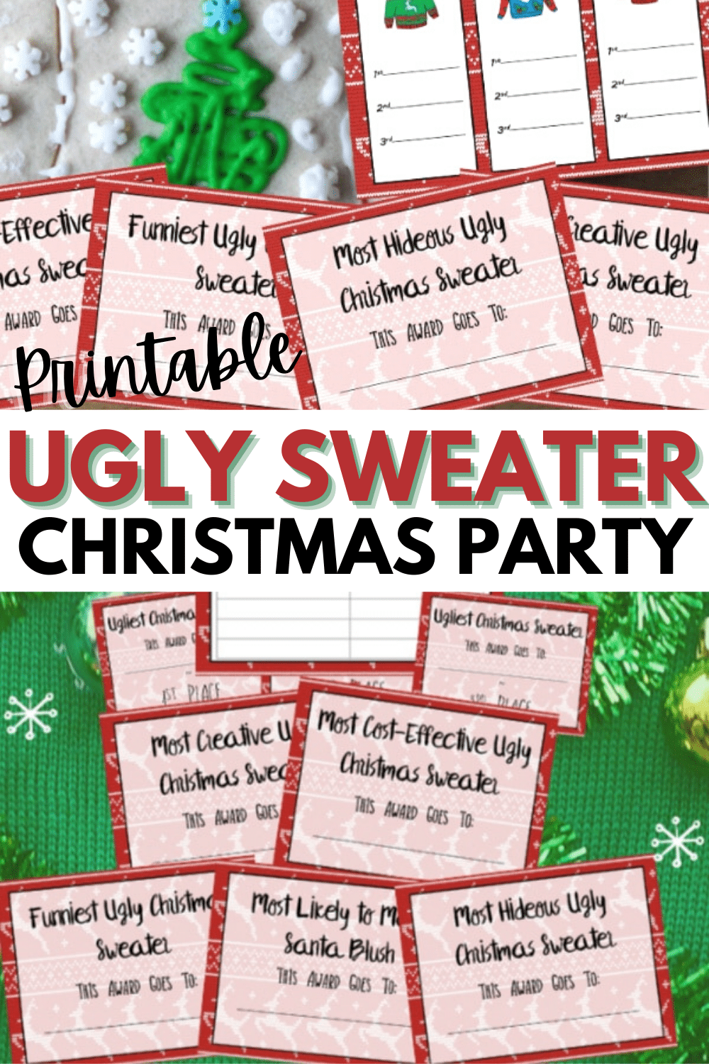 These Ugly Sweater Party Printables will make your Ugly Christmas Sweater Party a blast and easy to throw. Printable invitations, voting cards and awards. #uglysweatercontest #christmas #printables via @wondermomwannab