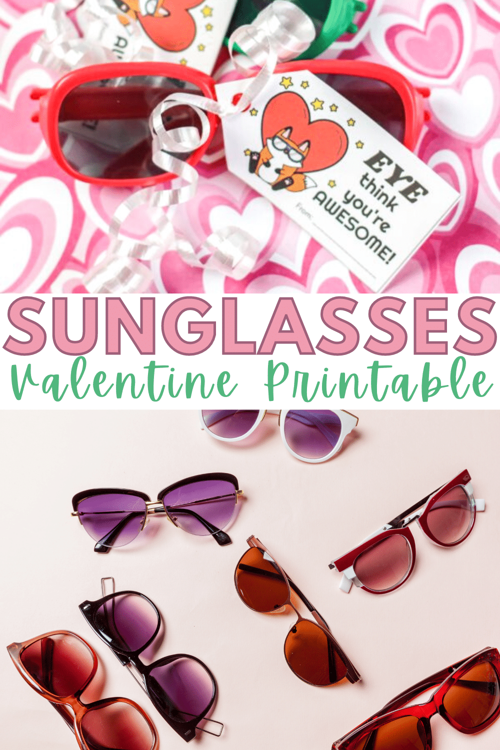 These Sunglasses Valentines are a fun and easy non-candy Valentine idea! Punny cute, and inexpensive. Party favor sunglasses turn into a memorable Valentine gift with the free printable "Eye Think You're Awesome" card attached! #valentine #printable #noncandy via @wondermomwannab