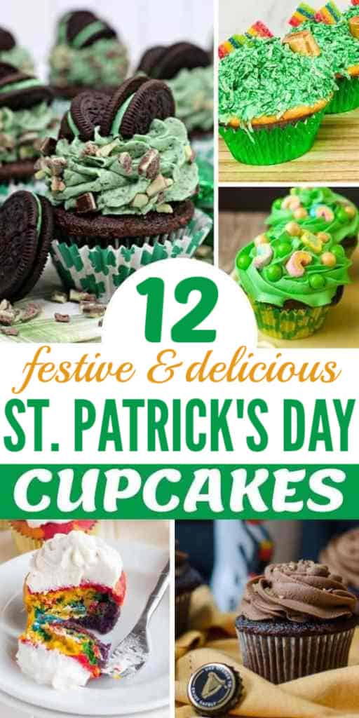 a collage of five different cupcakes with title text reading 12 festive and delicious St. Patrick's Day Cupcakes
