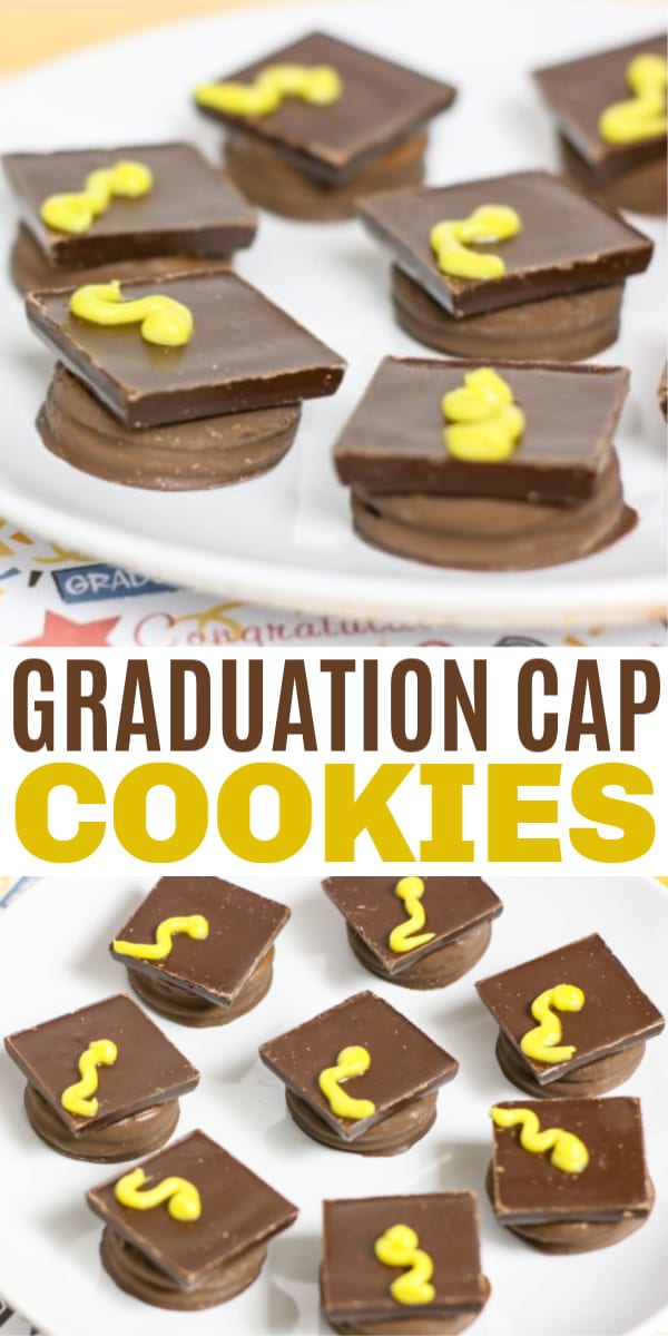 a collage of oreos covered in chocolate topped with a square chocolate candy and yellow frosting to look like Graduation Cap Cookies on a white plate on a graduation celebration paper with title text reading Graduation Cap Cookies