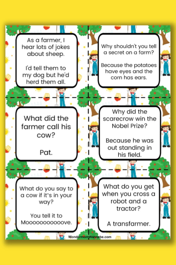 printable farm jokes for kids on a yellow background