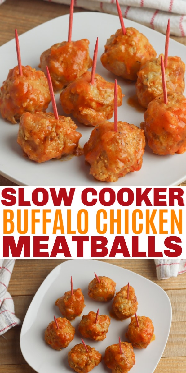a collage of buffalo chicken meatballs with toothpicks in them on a white plate on a brown table next to a white bowl of sauce with a wooden spoon on a red and white cloth in the background with title text reading Slow Cooker Buffalo Chicken Meatballs
