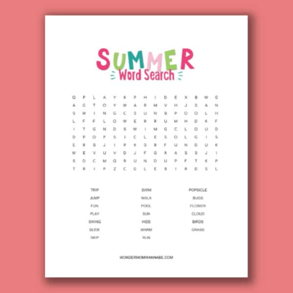 printable summer word search for kids on a pink background