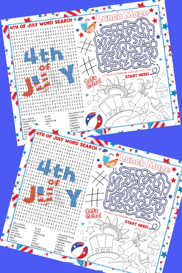 printable 4th of July Placemat for Kids on a blue background