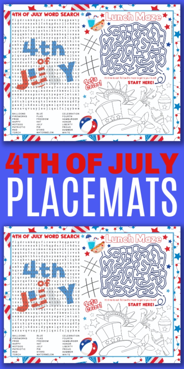 printable 4th of July Placemat for Kids on a blue background with title text reading 4th of July Placemats 