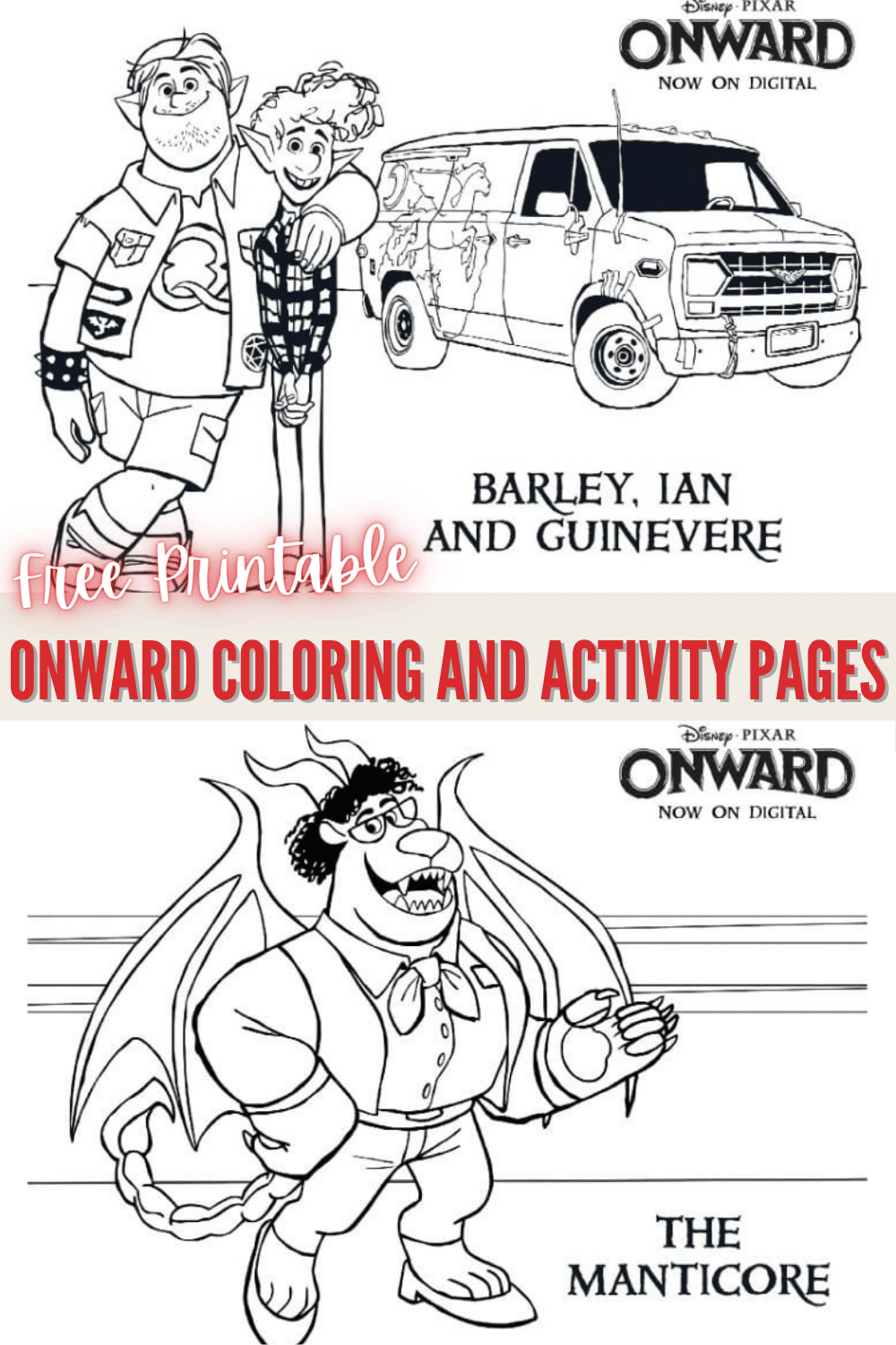 Your child will love these free printable ONWARD Coloring and Activity Pages. There's six printable coloring pages featuring key characters from the movie. #onward #printable #kidsactivities #coloringpage via @wondermomwannab